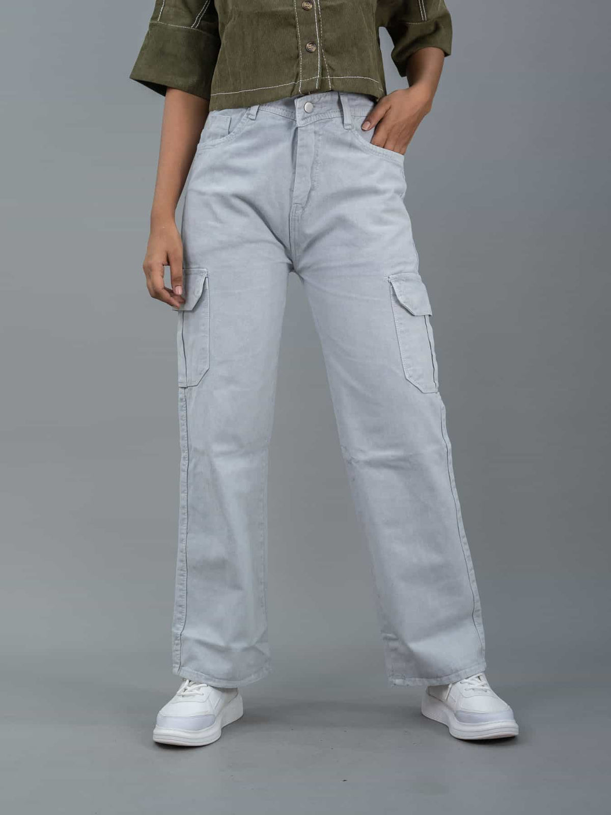 Straight Fit High Waist Cargo Jeans For Women (6 Pocket), Women high waist cargo jeans straight fit grey