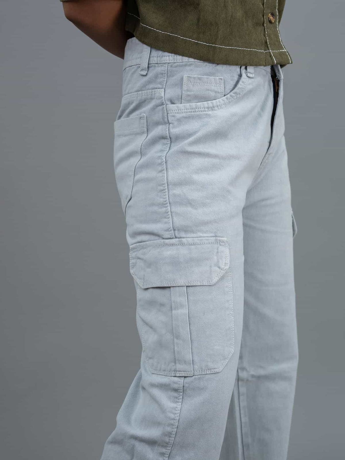 Straight Fit High Waist Cargo Jeans For Women (6 Pocket), Women high waist cargo jeans straight fit grey