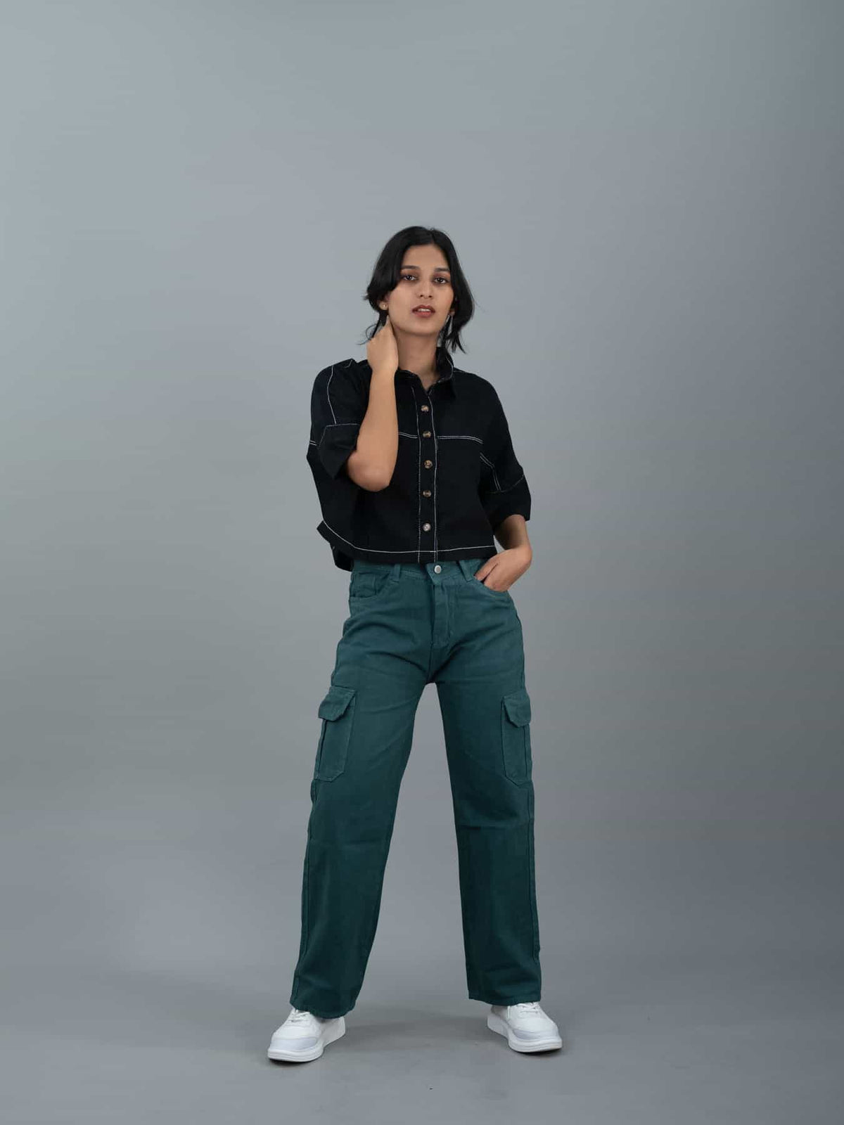 Straight Fit High Waist Cargo Jeans For Women (6 Pocket), Women high waist cargo jeans straight fit green