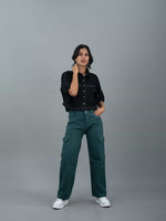 Straight Fit High Waist Cargo Jeans For Women (6 Pocket), Women high waist cargo jeans straight fit green