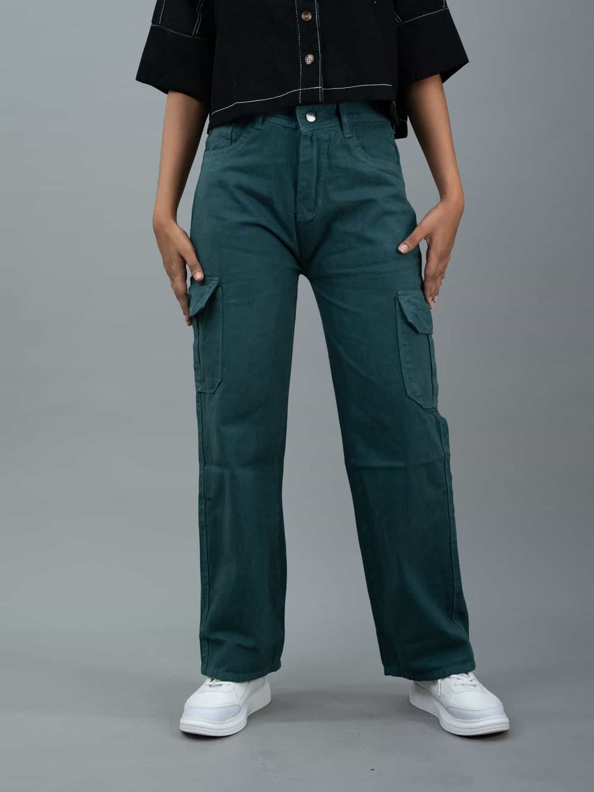 Straight Fit High Waist Cargo Jeans For Women (6 Pocket), Women high waist cargo jeans straight fit green