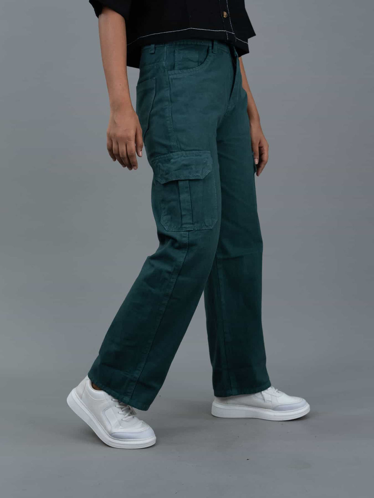 Straight Fit High Waist Cargo Jeans For Women (6 Pocket), Women high waist cargo jeans straight fit green