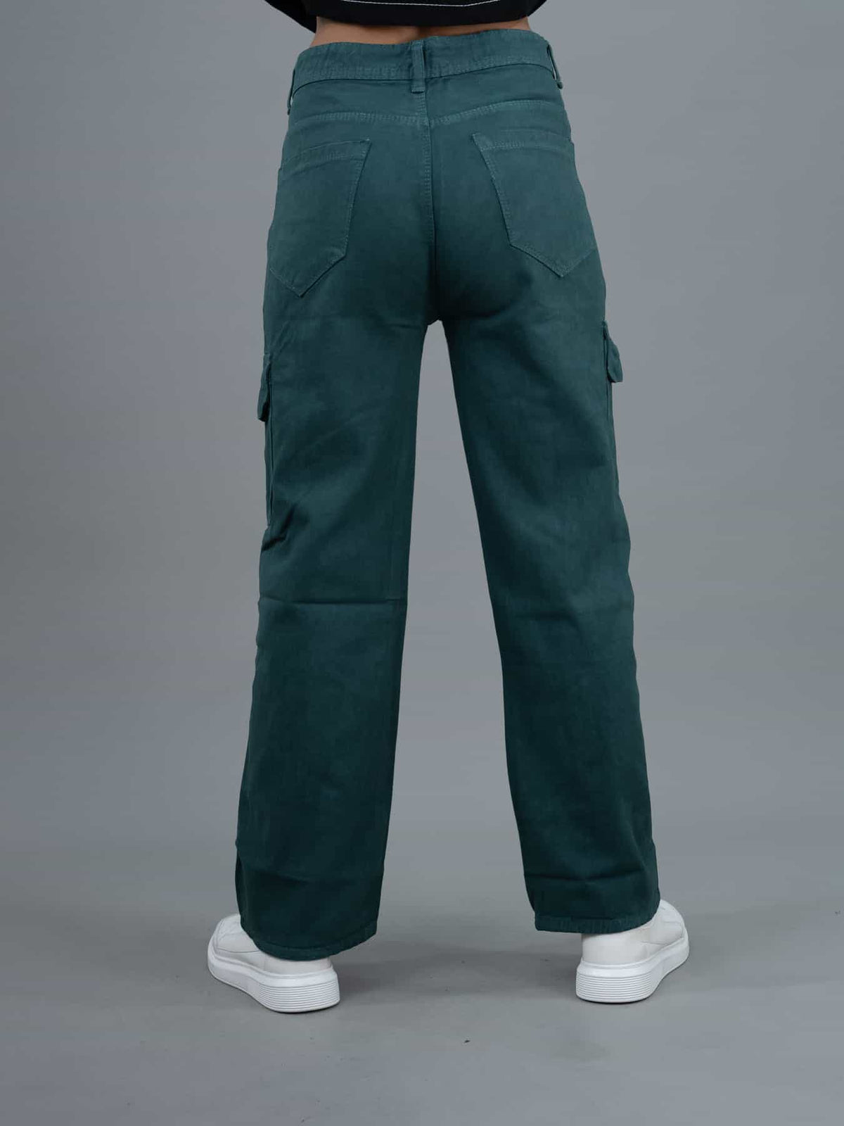 Straight Fit High Waist Cargo Jeans For Women (6 Pocket), Women high waist cargo jeans straight fit green