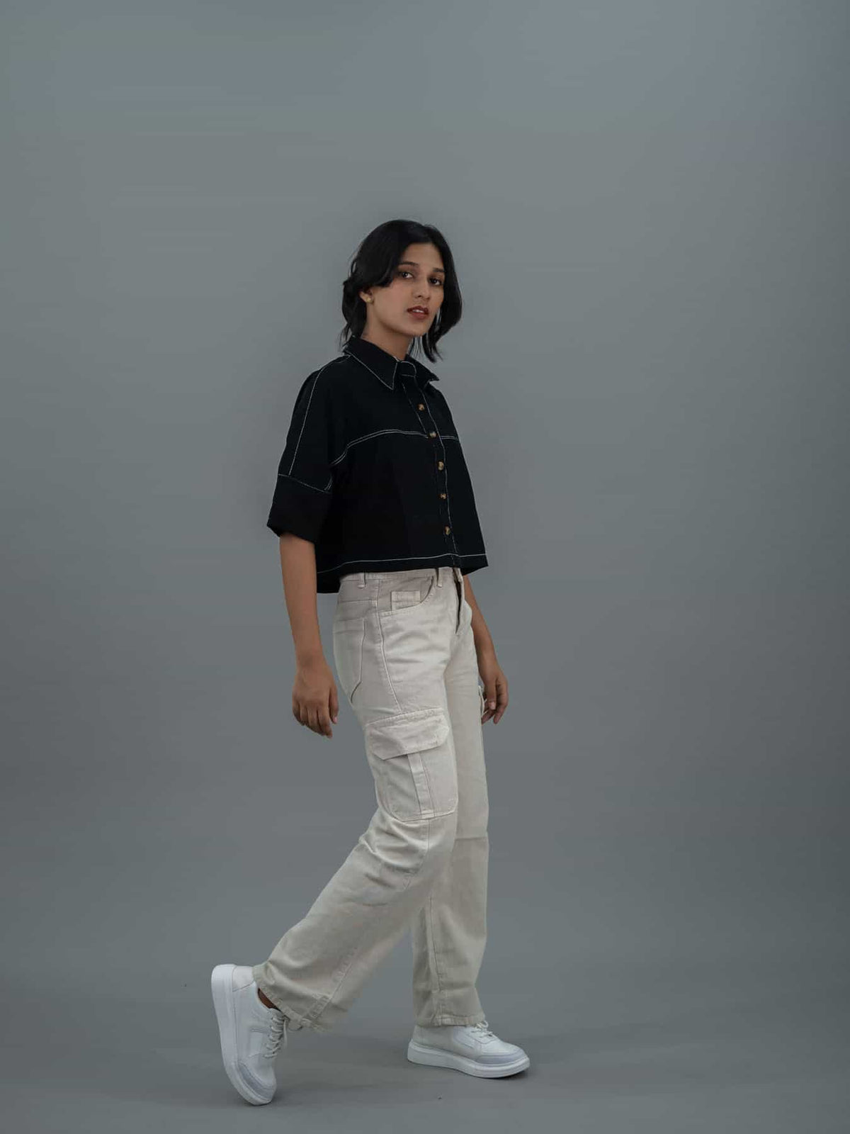 Straight Fit High Waist Cargo Jeans For Women (6 Pocket), Women high waist cargo jeans straight fit off white