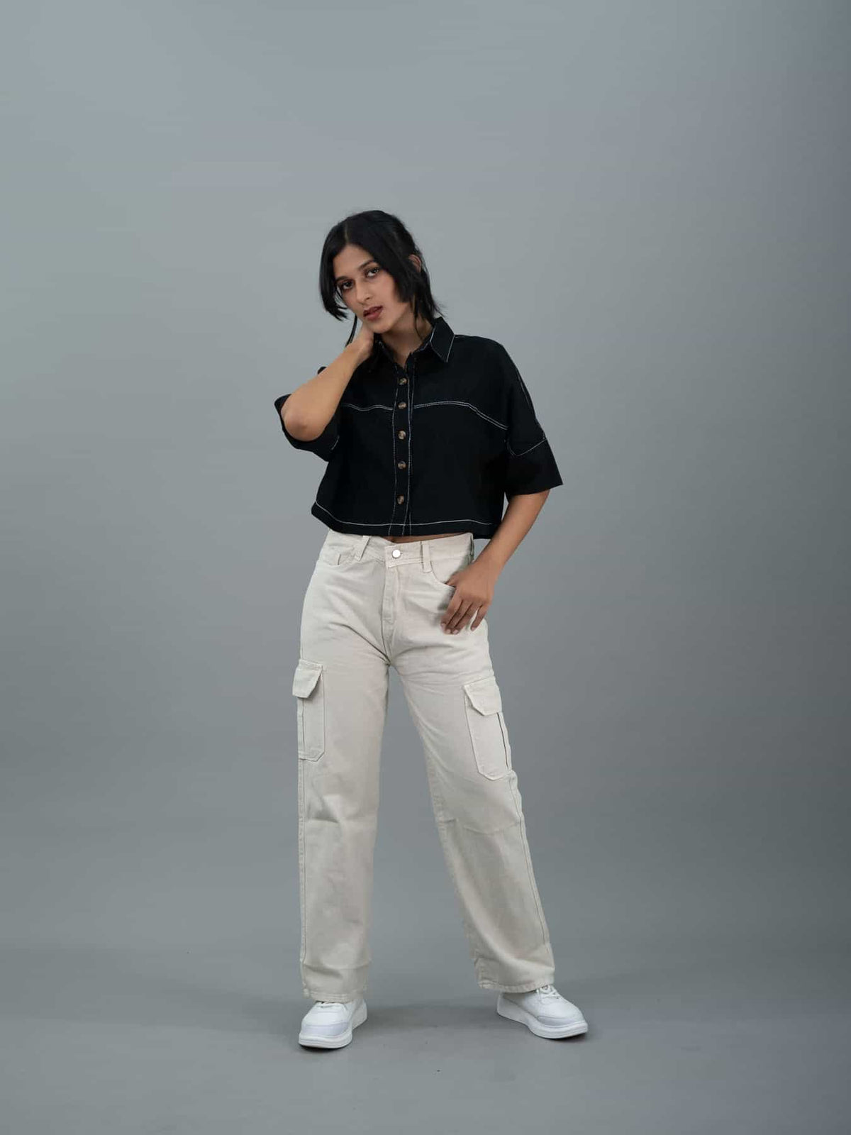 Straight Fit High Waist Cargo Jeans For Women (6 Pocket), Women high waist cargo jeans straight fit off white