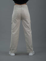Straight Fit High Waist Cargo Jeans For Women (6 Pocket), Women high waist cargo jeans straight fit off white