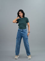 Women Wide Leg Mid Waist Cargo Jeans, mid rise blue cargo jeans for women