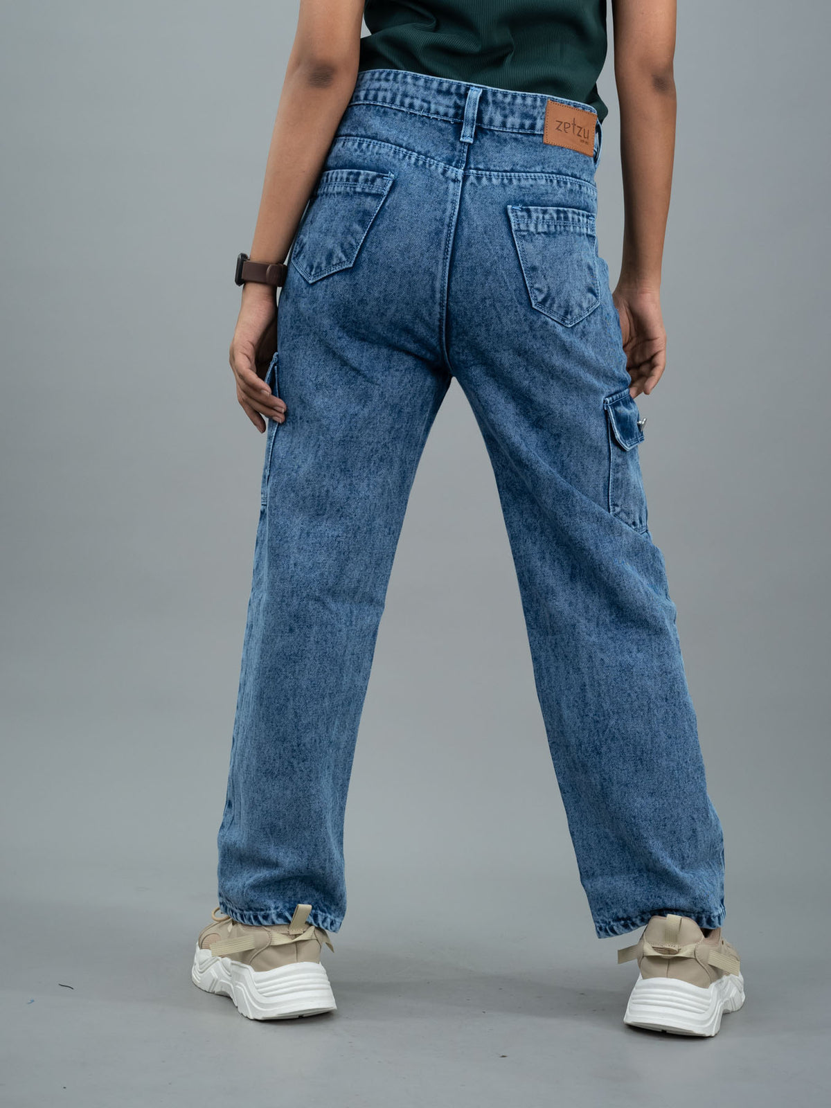 Women Wide Leg Mid Waist Cargo Jeans, mid rise blue cargo jeans for women