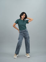 Women Wide Leg Mid Waist Cargo Jeans, mid rise grey cargo jeans for women