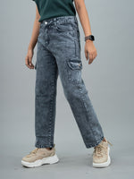 Women Wide Leg Mid Waist Cargo Jeans, mid rise grey cargo jeans for women