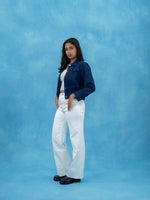 Women Solid Navy Blue Casual Denim Jacket, Navy Blue denim jacket for women