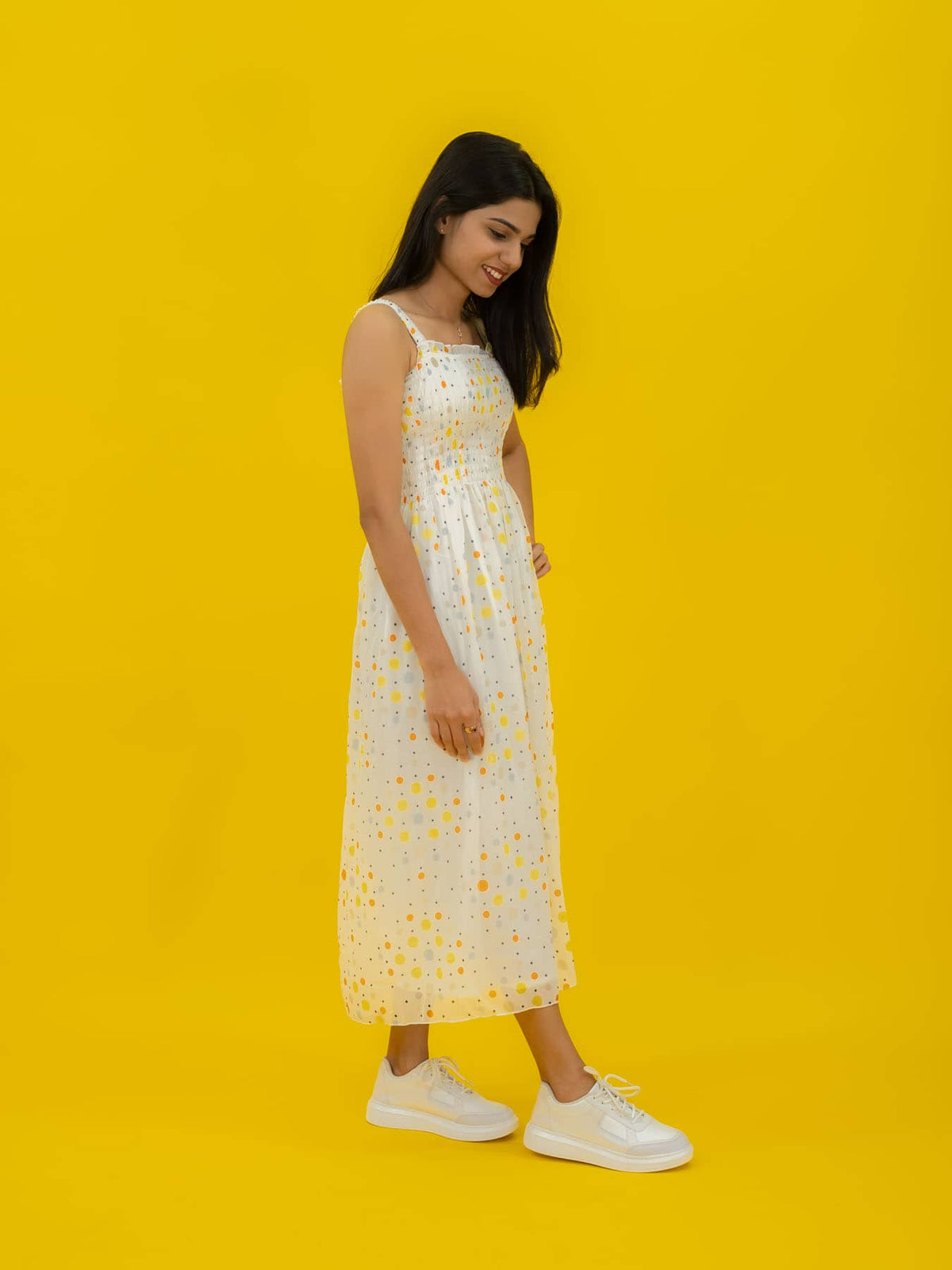 Dot Printed Casual Long Dress For Women (Sleeveless)