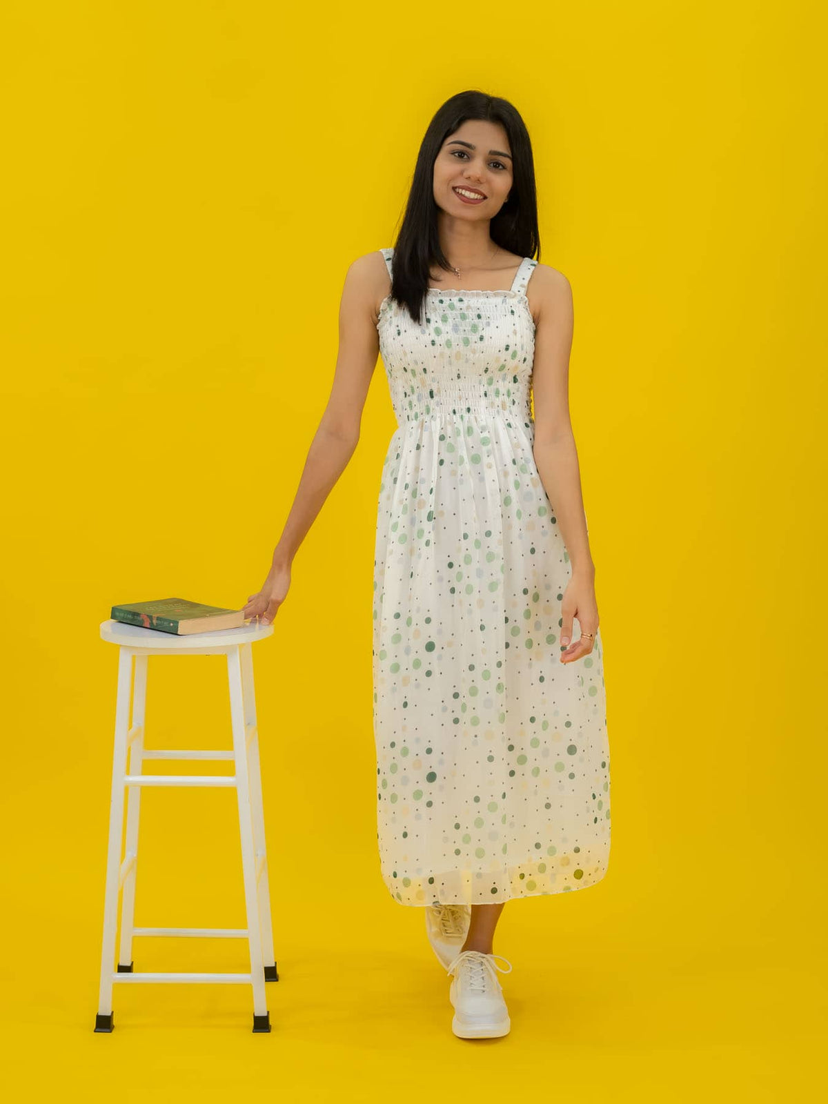 Dot Printed Casual Long Dress For Women (Sleeveless)