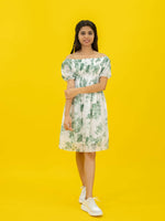 Floral Printed Casual Short Dress For Women (Half-Sleeve), Green Short dress with floral print