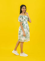Floral Printed Casual Short Dress For Women (Half-Sleeve), Green Short dress with floral print