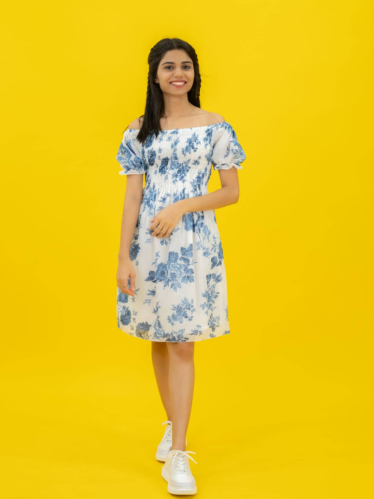 Floral Printed Casual Short Dress For Women (Half-Sleeve), Blue Short dress with floral print