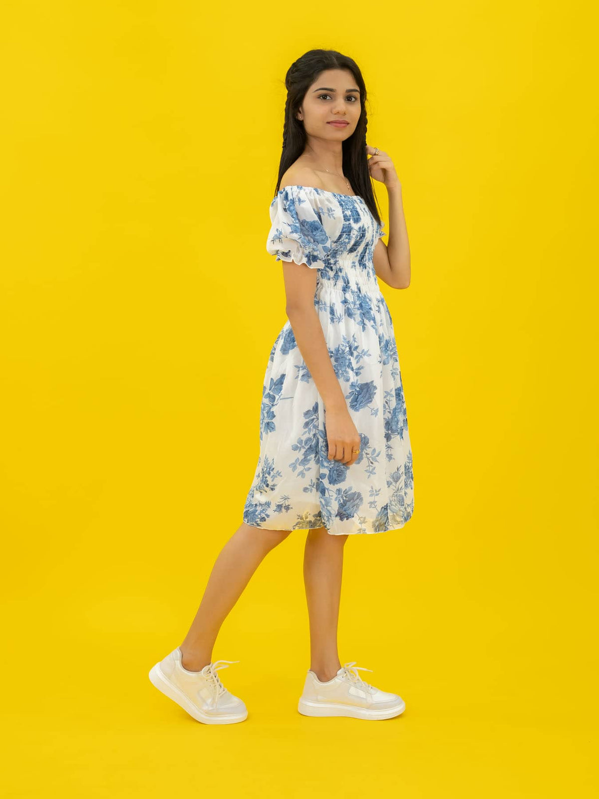 Floral Printed Casual Short Dress For Women (Half-Sleeve), Blue Short dress with floral print