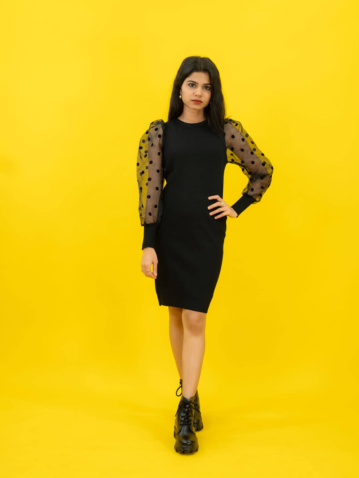 Bodycon Ribbed Dress with Polka Dot Organza Sleeves