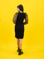 Bodycon Ribbed Dress with Polka Dot Organza Sleeves