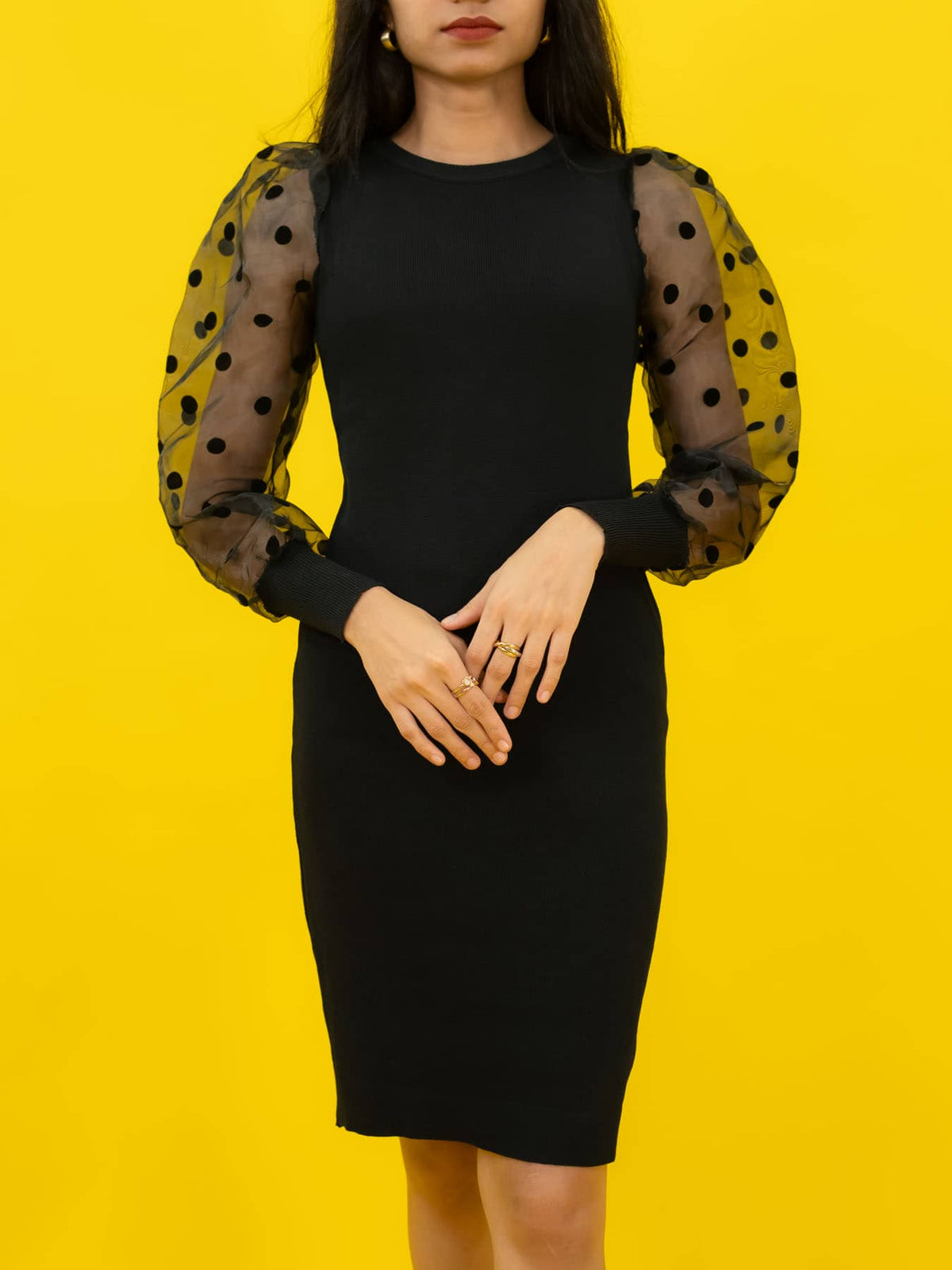 Bodycon Ribbed Dress with Polka Dot Organza Sleeves