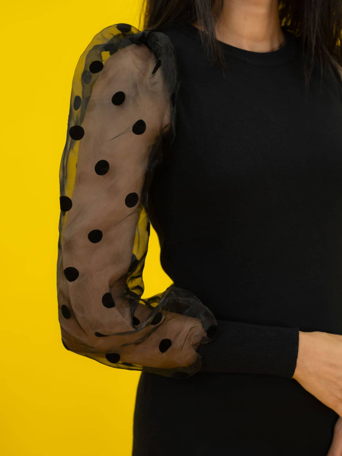 Bodycon Ribbed Dress with Polka Dot Organza Sleeves