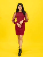 Bodycon Ribbed Dress with Polka Dot Organza Sleeves