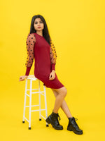 Bodycon Ribbed Dress with Polka Dot Organza Sleeves