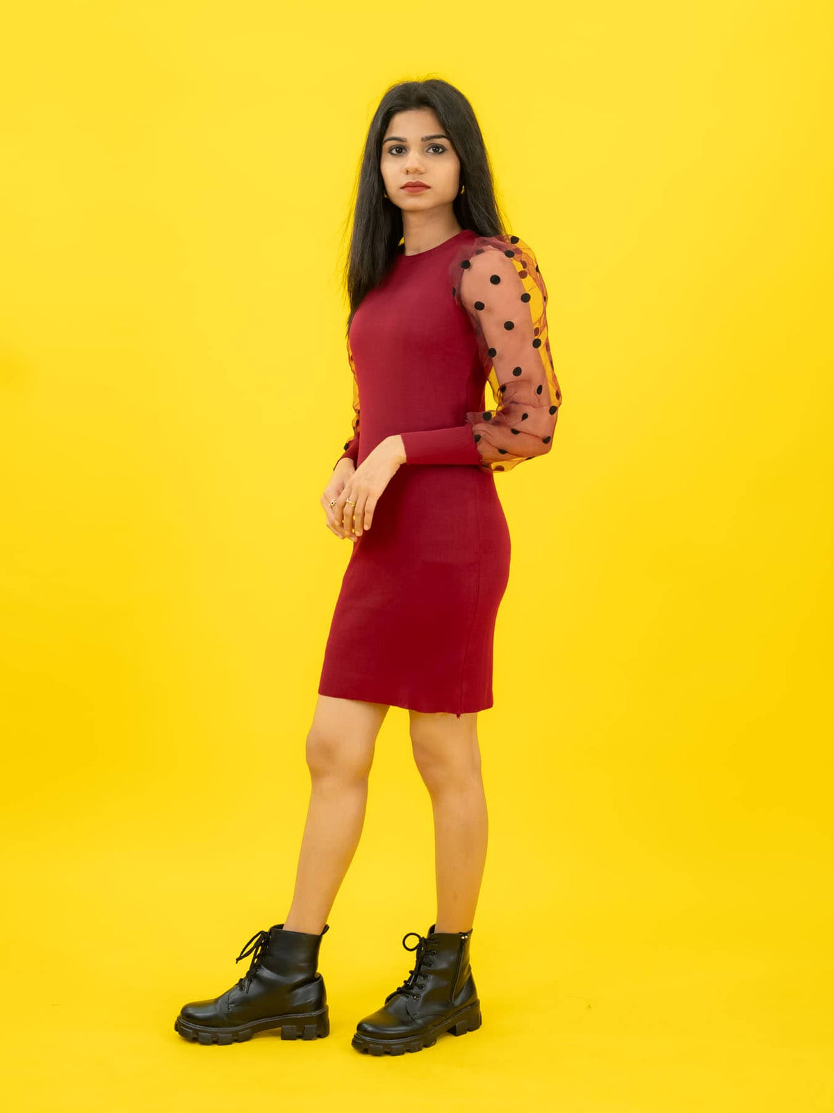 Bodycon Ribbed Dress with Polka Dot Organza Sleeves