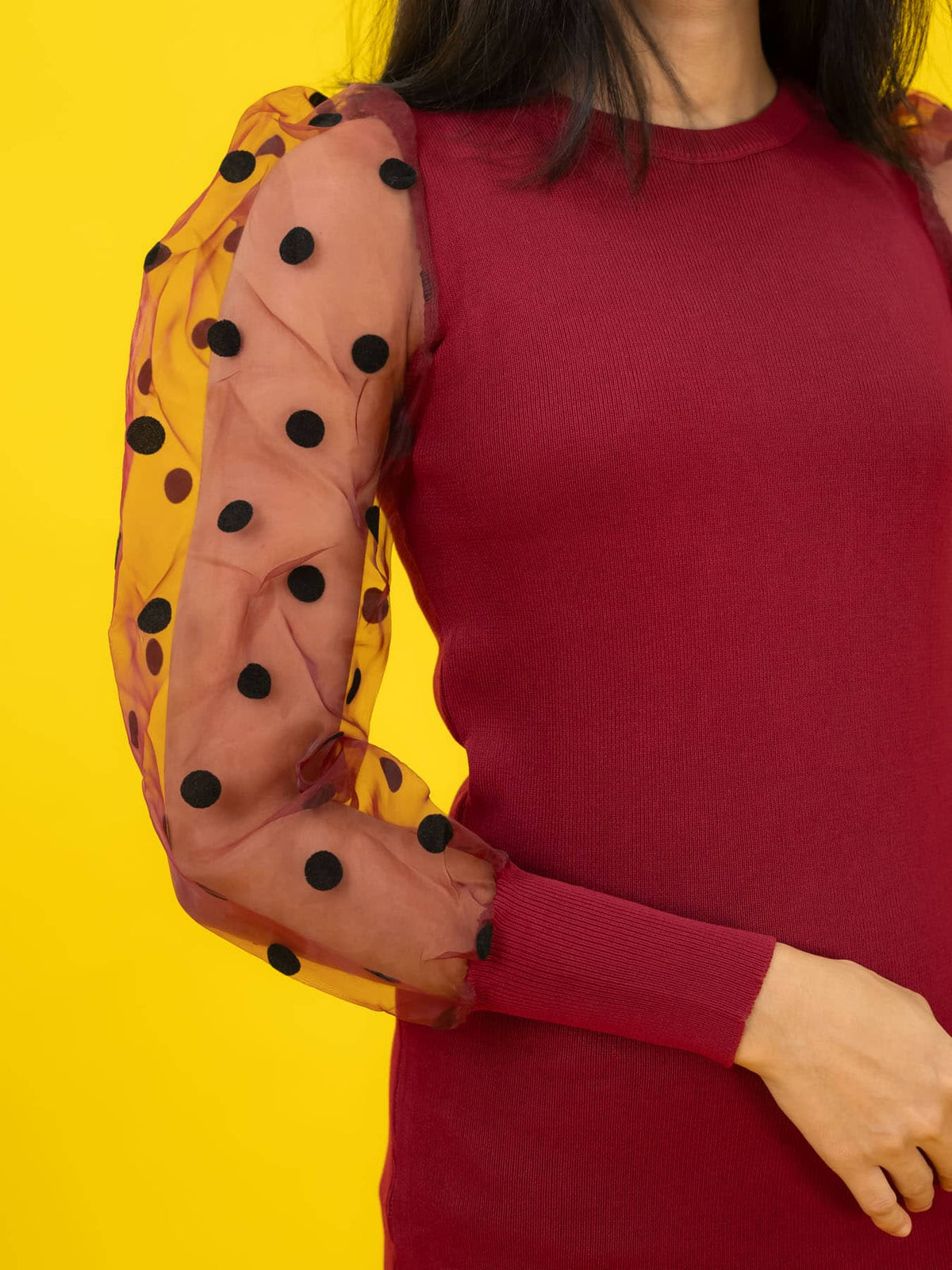 Bodycon Ribbed Dress with Polka Dot Organza Sleeves