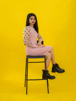 Bodycon Ribbed Dress with Polka Dot Organza Sleeves