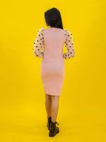 Bodycon Ribbed Dress with Polka Dot Organza Sleeves