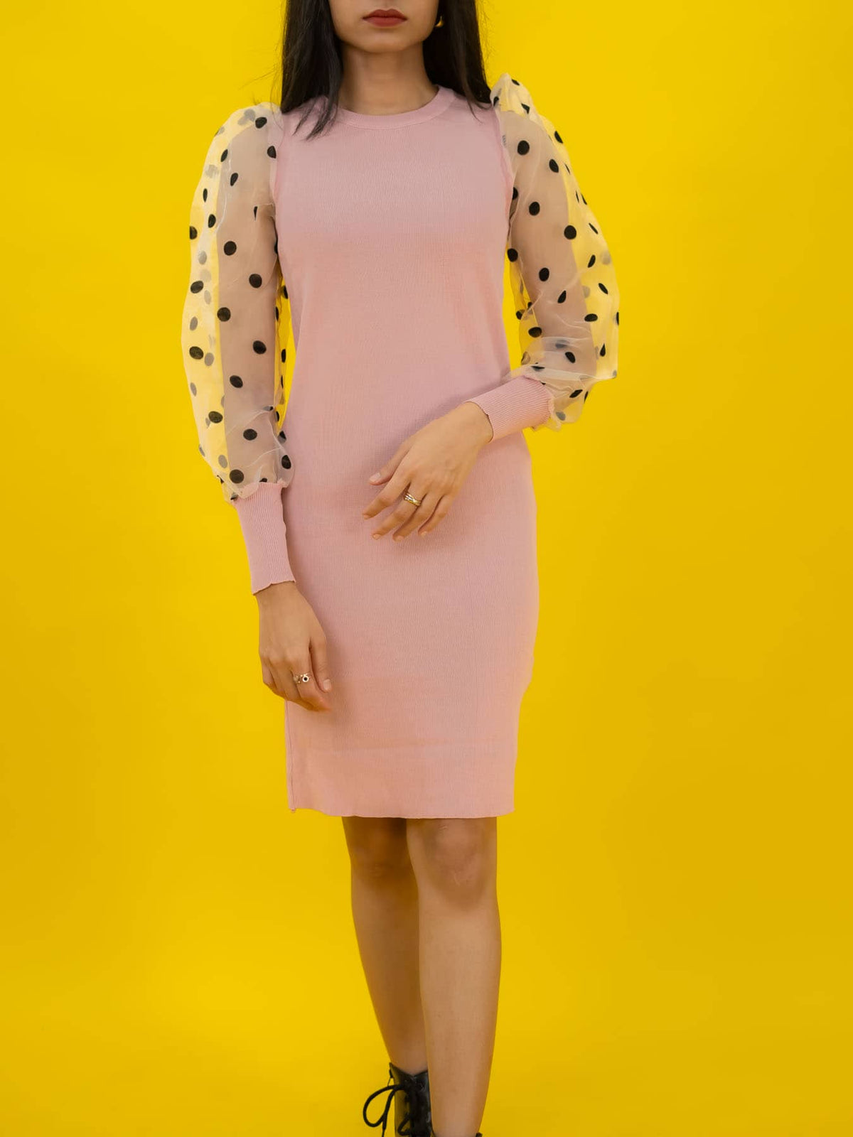 Bodycon Ribbed Dress with Polka Dot Organza Sleeves
