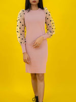 Bodycon Ribbed Dress with Polka Dot Organza Sleeves