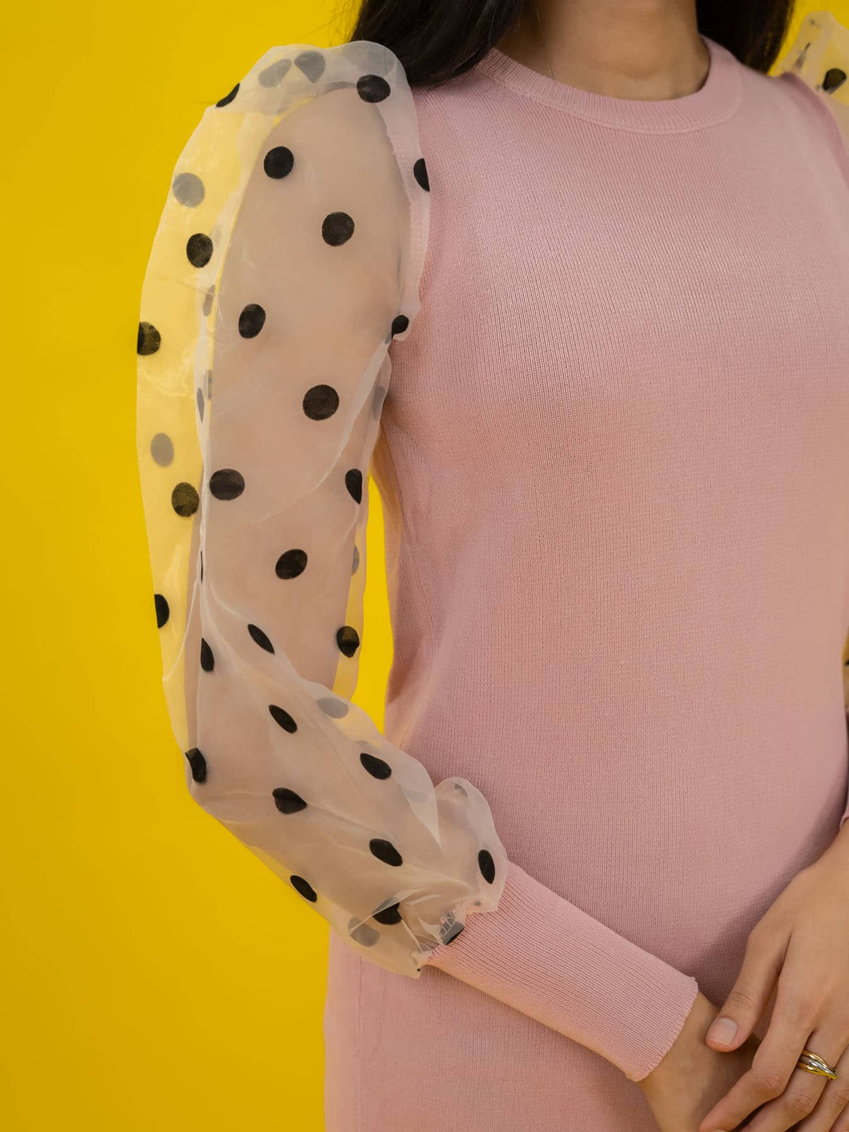 Bodycon Ribbed Dress with Polka Dot Organza Sleeves