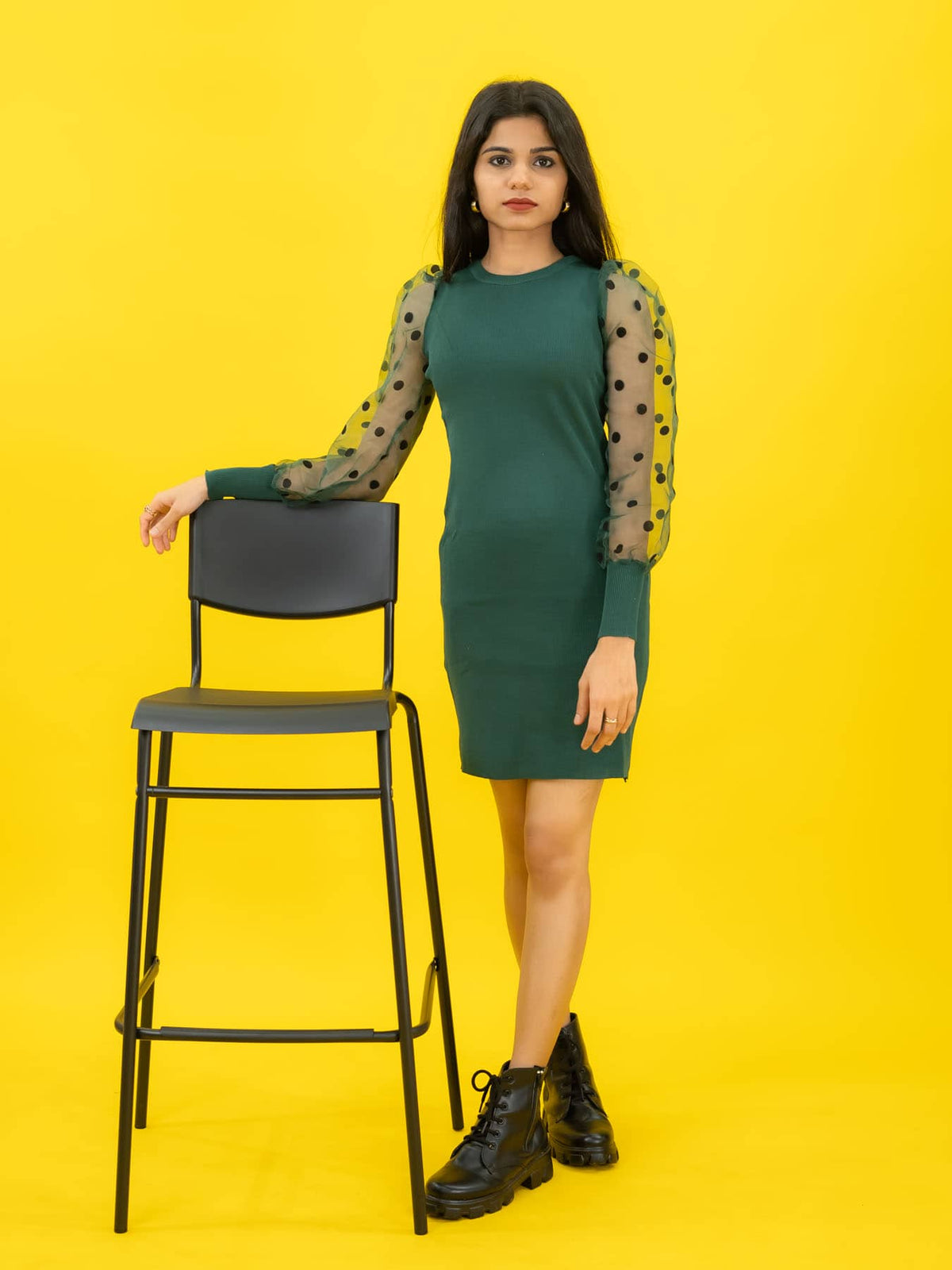 Bodycon Ribbed Dress with Polka Dot Organza Sleeves