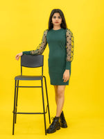 Bodycon Ribbed Dress with Polka Dot Organza Sleeves