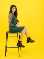 Bodycon Ribbed Dress with Polka Dot Organza Sleeves