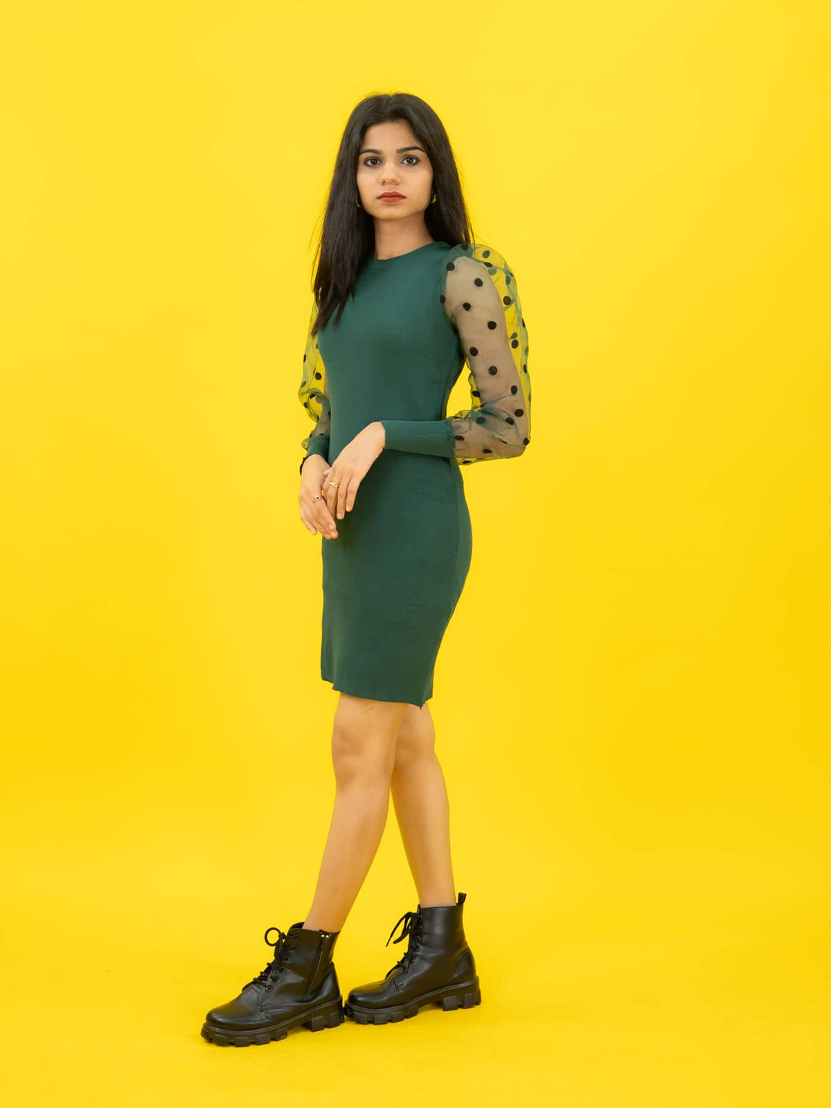 Bodycon Ribbed Dress with Polka Dot Organza Sleeves