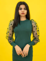 Bodycon Ribbed Dress with Polka Dot Organza Sleeves