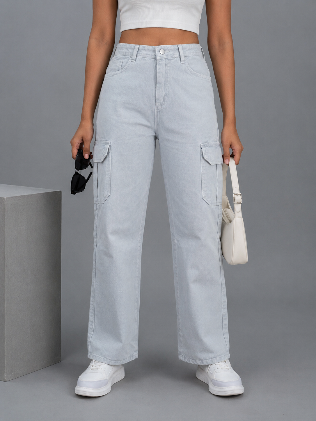 High Waist Straight Fit Cargo Jeans