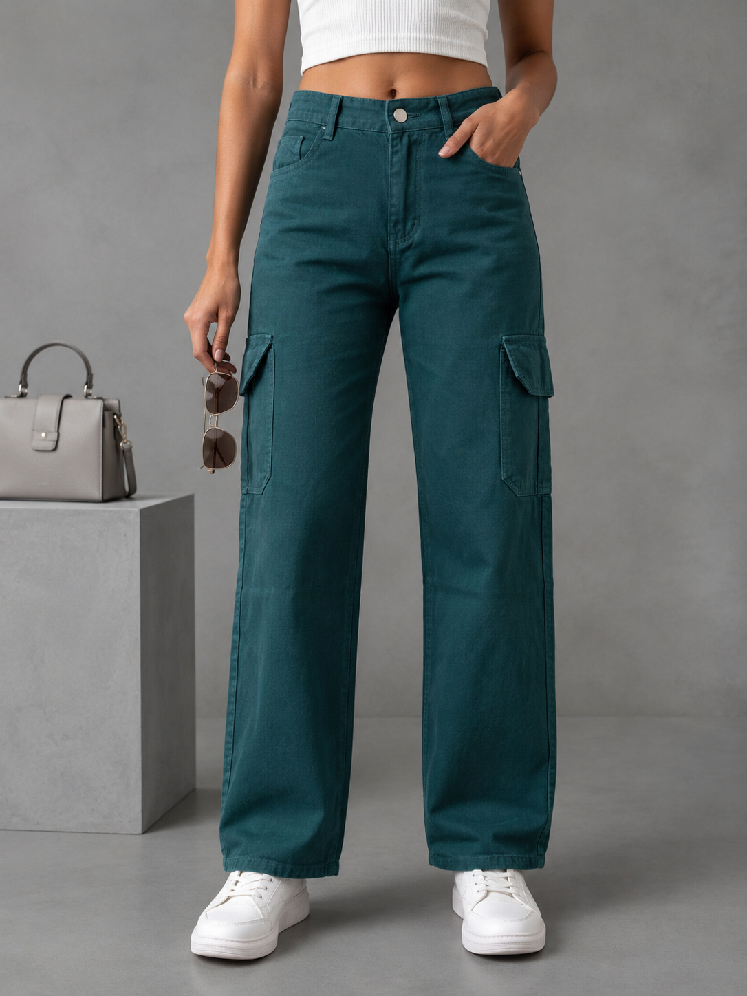 High Waist Straight Fit Cargo Jeans