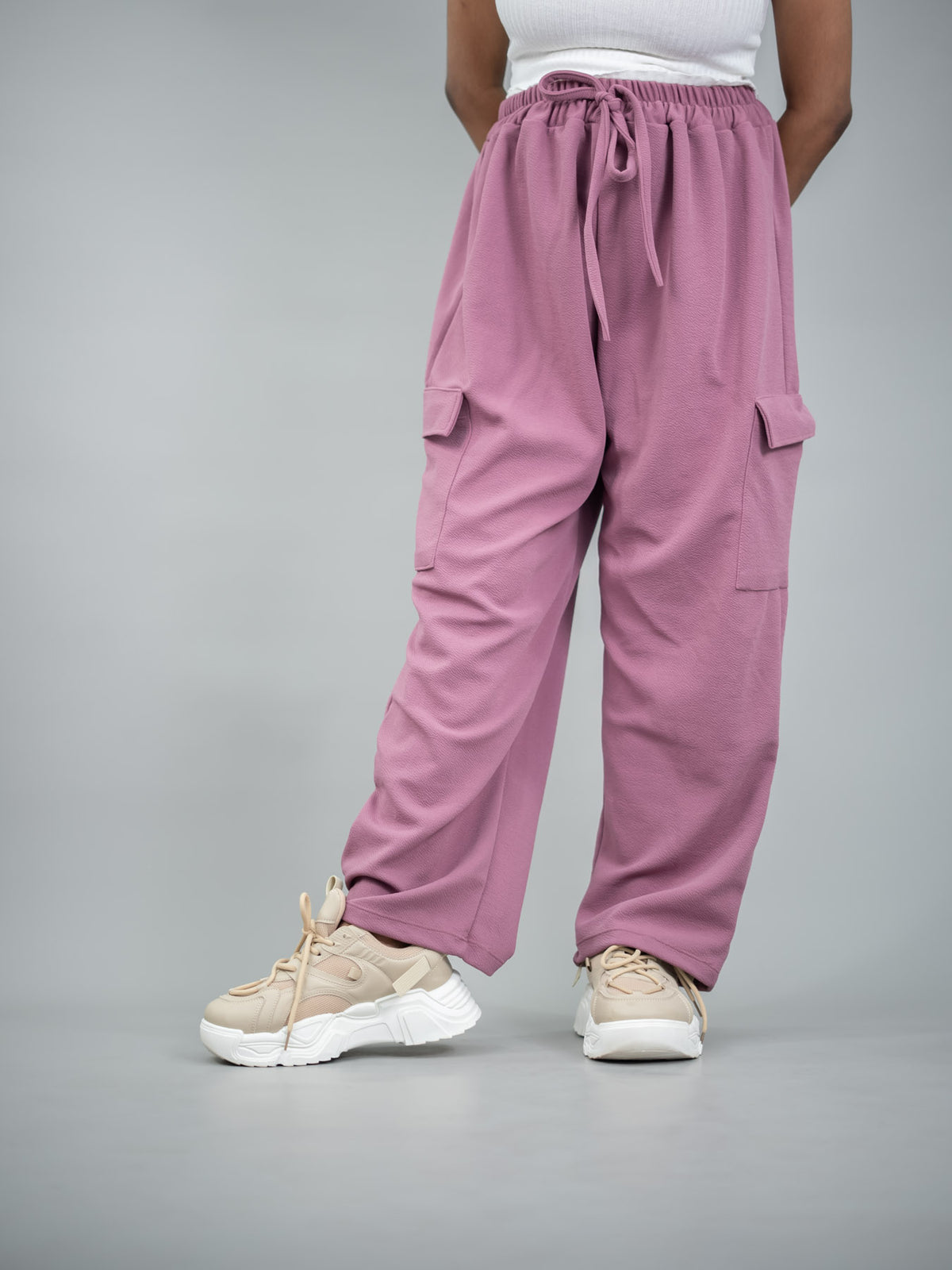 Free size pink cargo pants with pockets with elastic waist and waistband