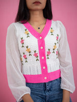 Women V Neck Floral Knitted Short Top, casual white knitted floral top pink