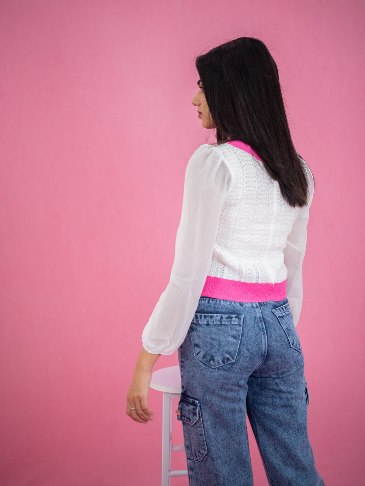 Women V Neck Floral Knitted Short Top, casual white knitted floral top pink