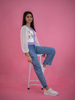 Women V Neck Floral Knitted Short Top, casual white knitted floral top lavender