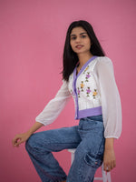 Women V Neck Floral Knitted Short Top, casual white knitted floral top lavender