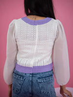 Women V Neck Floral Knitted Short Top, casual white knitted floral top lavender