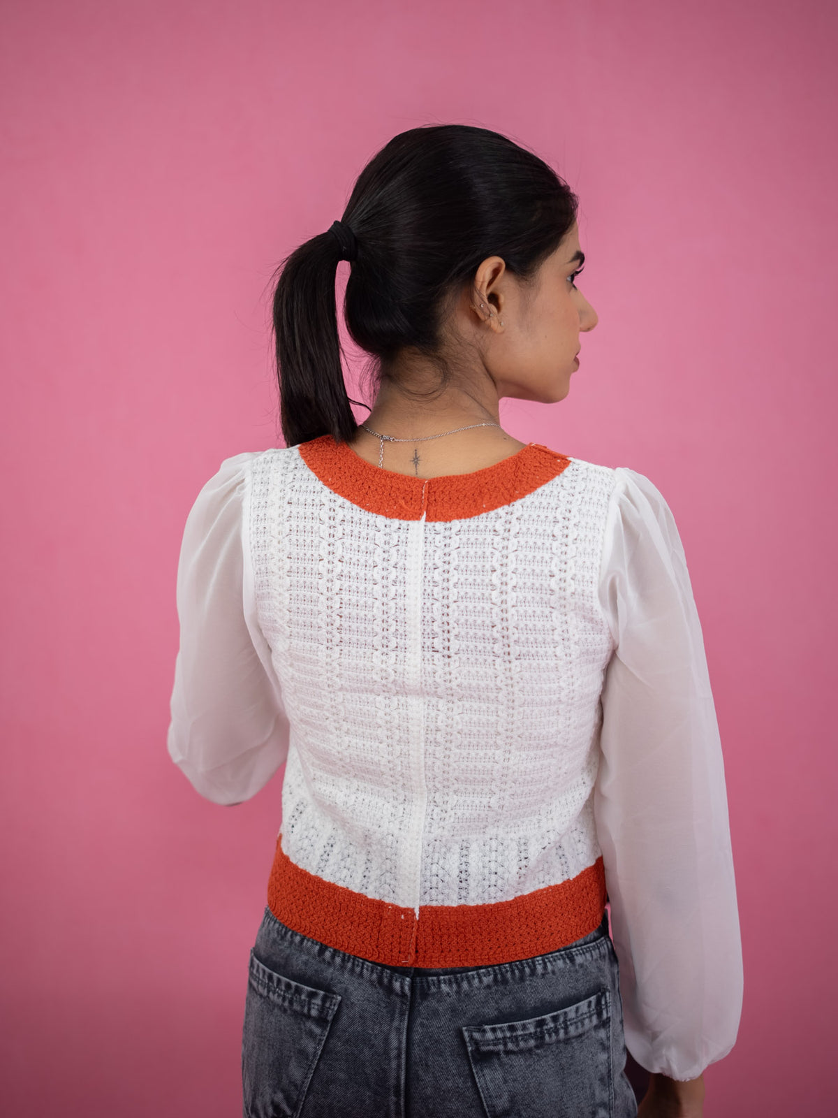 Women V Neck Floral Knitted Short Top, casual white knitted floral top orange red