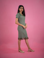 Women Striped Tassel Pullover Knit Dress, green casual dress with stripe and collar 