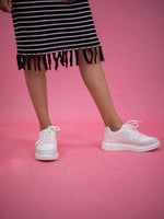 Women Striped Tassel Pullover Knit Dress, black casual dress with stripe and collar 